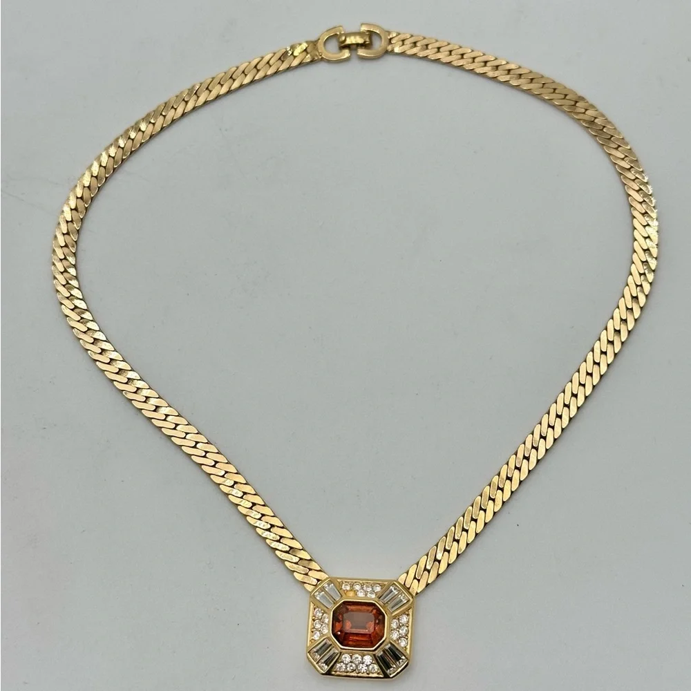 Vintage Dior Gold Necklace Amber Rhinestone Chain 80s 90s - Picture 5 of 9